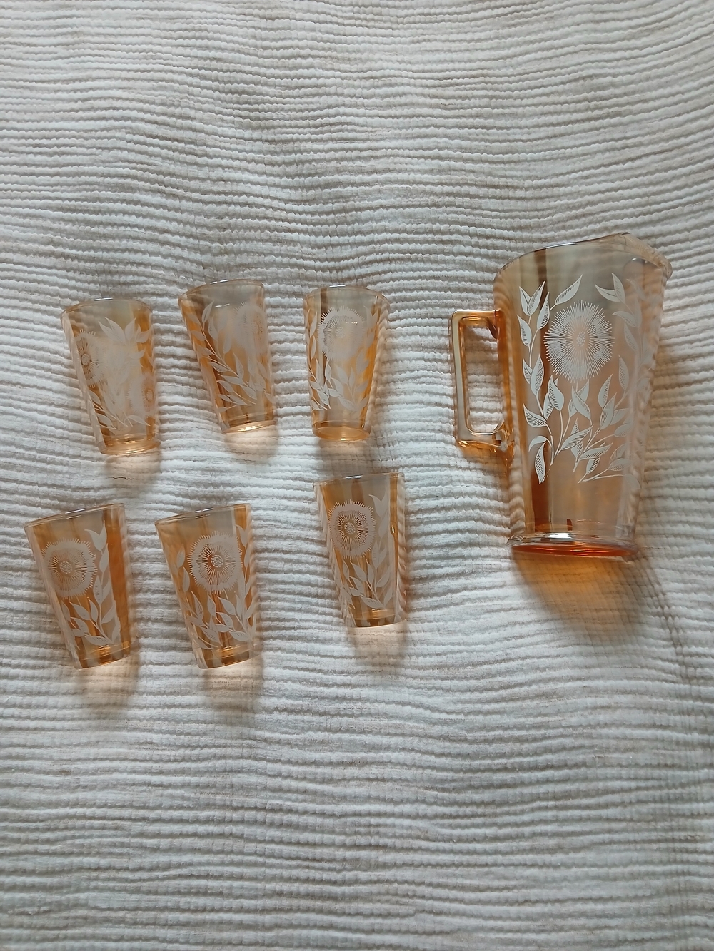 Jeannette Marigold Carnival Glass "Cosmos" ("Late Sunflower") Pitcher Set